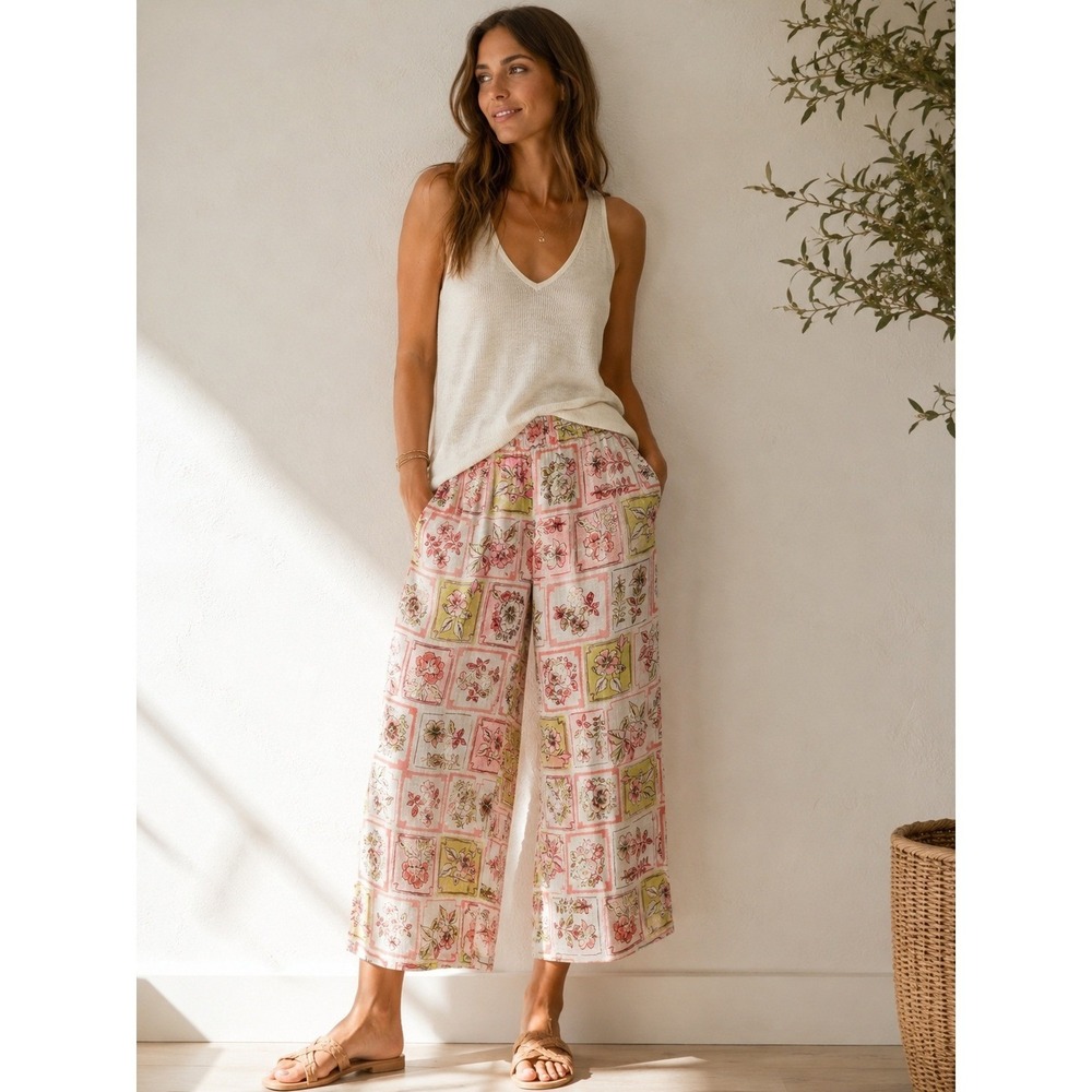 Joie 100% Linen Floral Wide Leg Crop Pants Pink Yellow Elastic Waist Size S